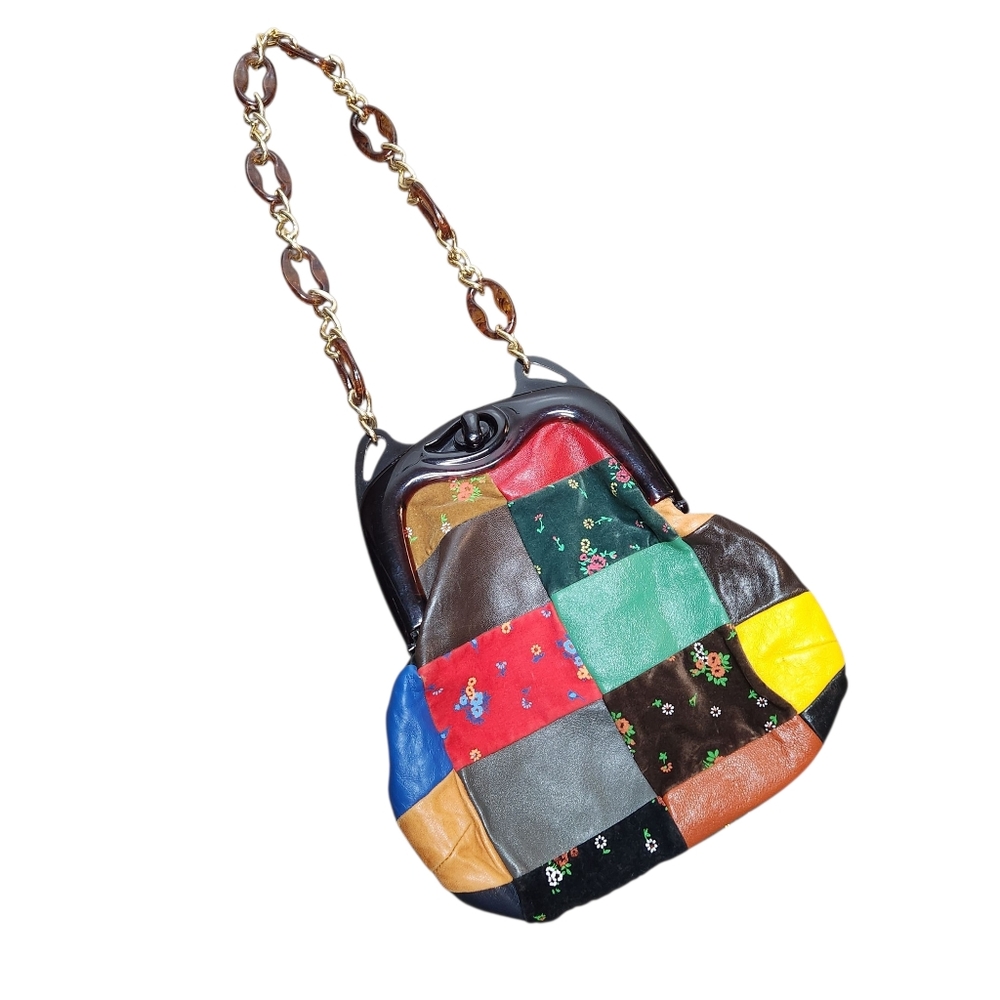 Vintage 60s Italian Leather Patchwork Lucite Frame Bag Chain Tortoise Strap BOHO